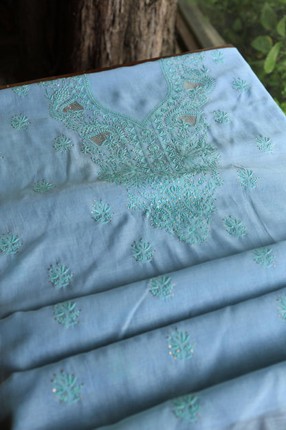 Blue Mal Cotton Chikankari Unstitched Kurta Dupatta Fabrics With Kamdani