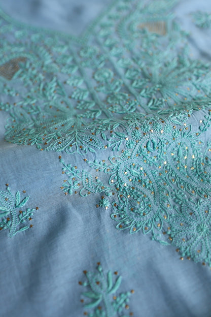 Blue Mal Cotton Chikankari Unstitched Kurta Dupatta Fabrics With Kamdani