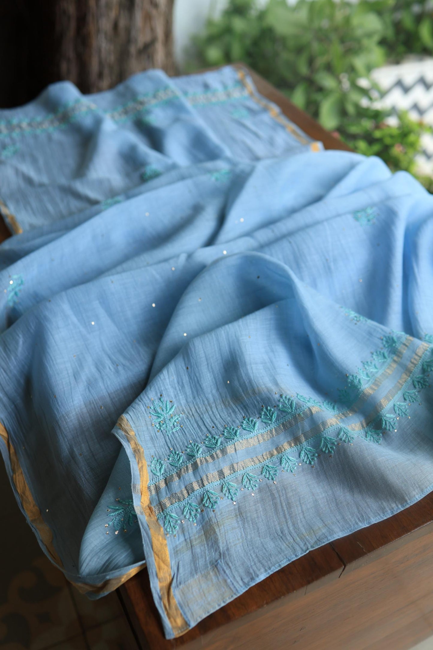 Blue Mal Cotton Chikankari Unstitched Kurta Dupatta Fabrics With Kamdani