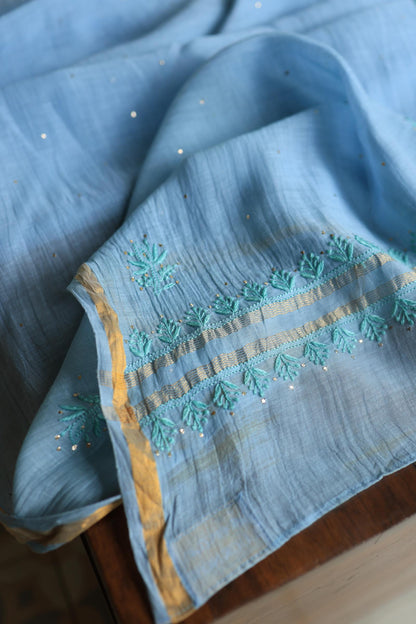 Blue Mal Cotton Chikankari Unstitched Kurta Dupatta Fabrics With Kamdani