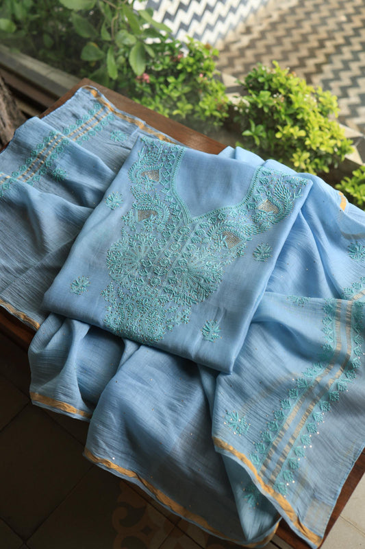 Blue Mal Cotton Chikankari Unstitched Kurta Dupatta Fabrics With Kamdani