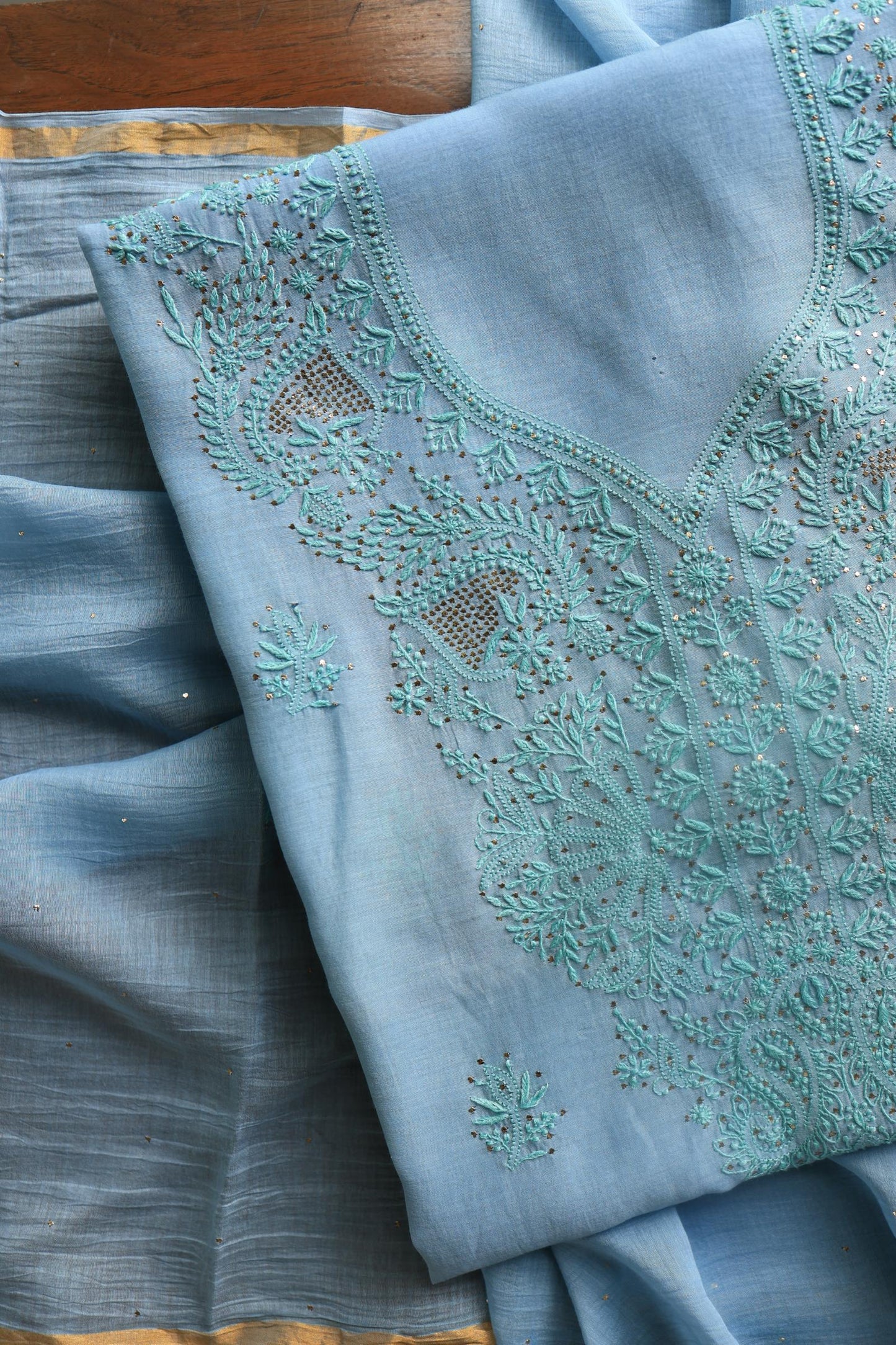 Blue Mal Cotton Chikankari Unstitched Kurta Dupatta Fabrics With Kamdani