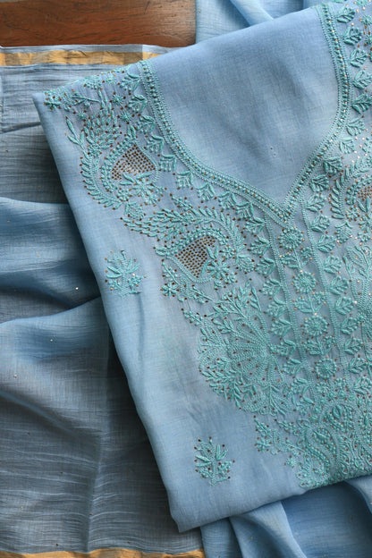 Blue Mal Cotton Chikankari Unstitched Kurta Dupatta Fabrics With Kamdani