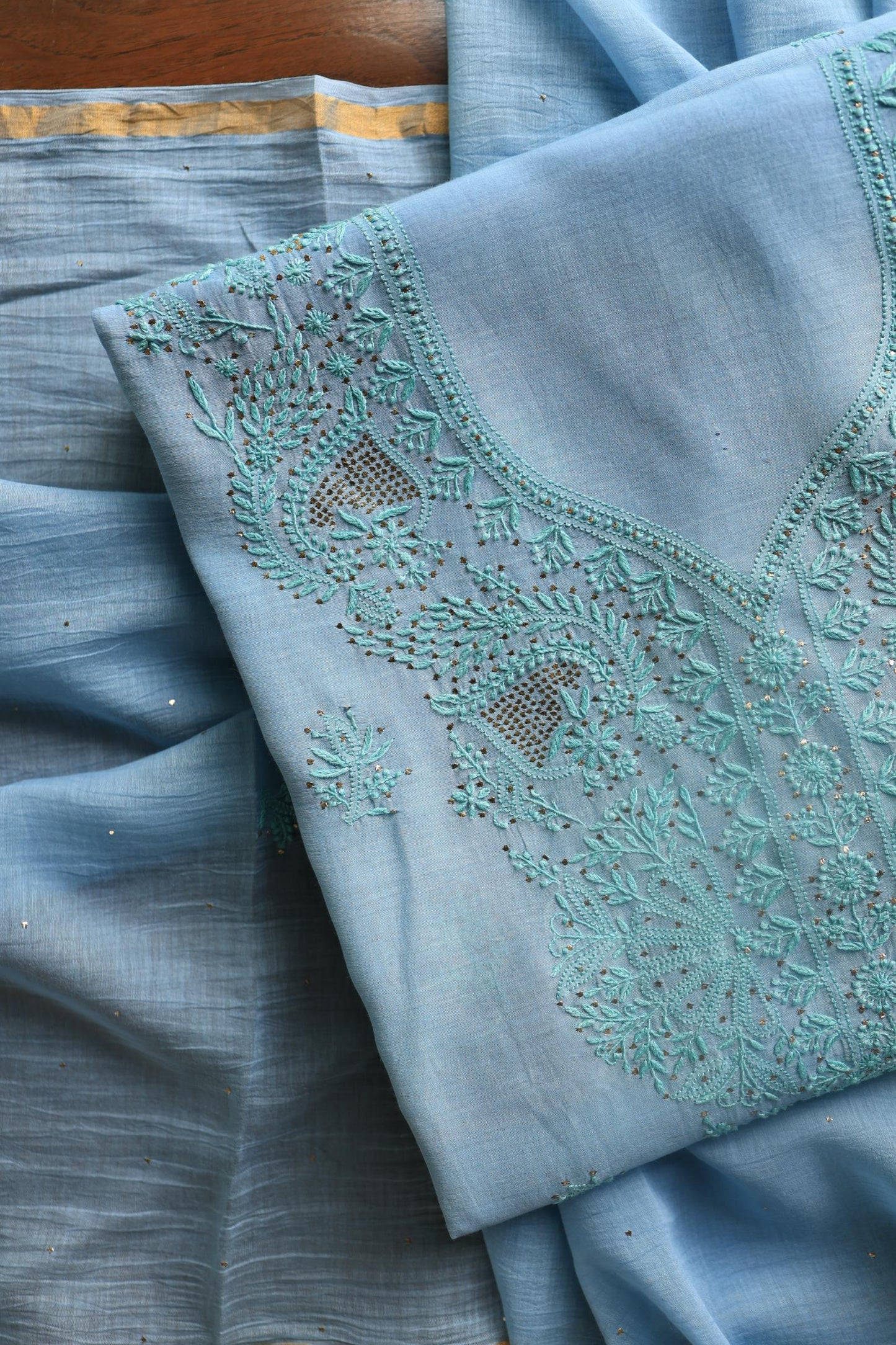 Blue Mal Cotton Chikankari Unstitched Kurta Dupatta Fabrics With Kamdani