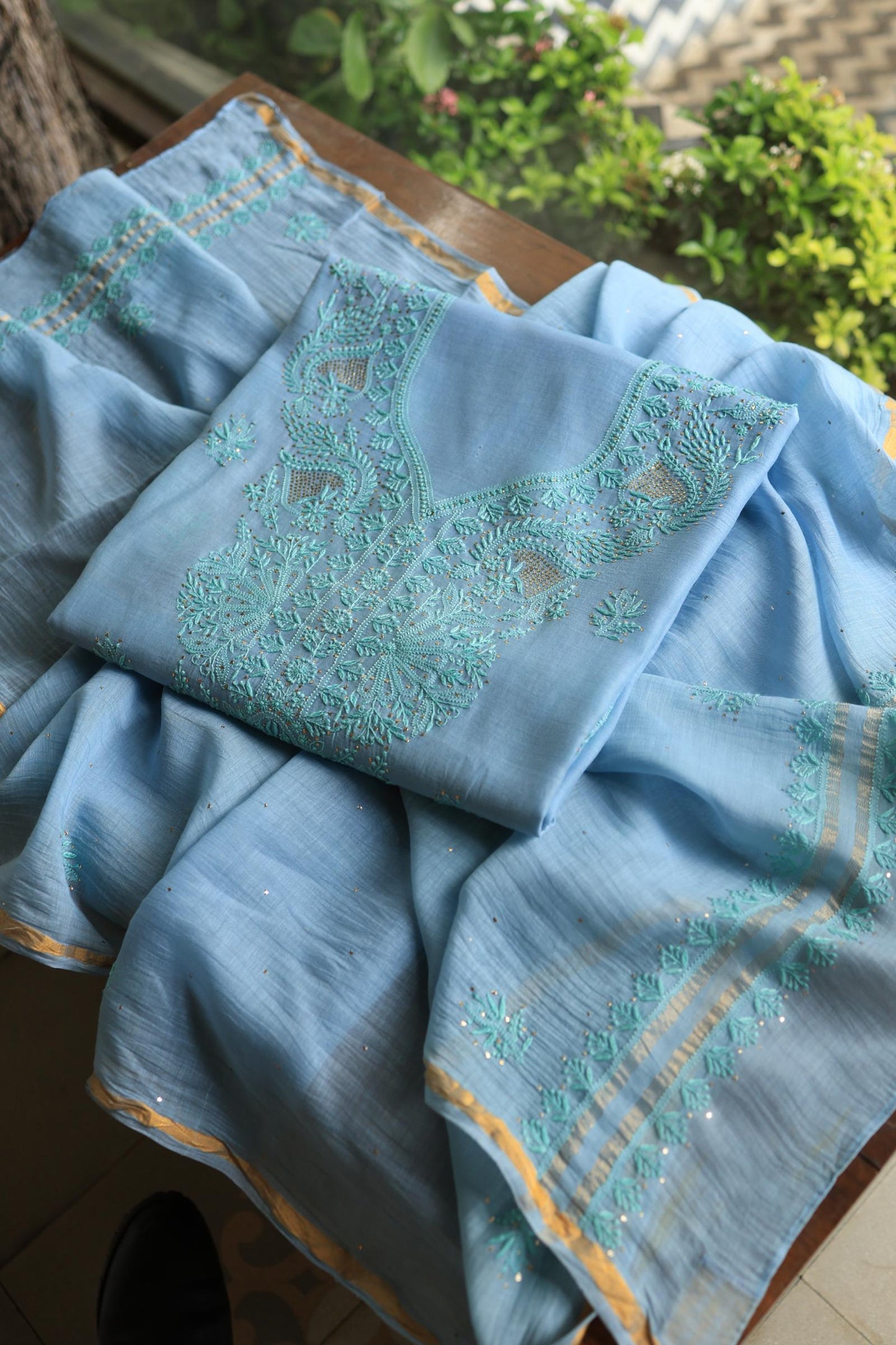 Blue Mal Cotton Chikankari Unstitched Kurta Dupatta Fabrics With Kamdani