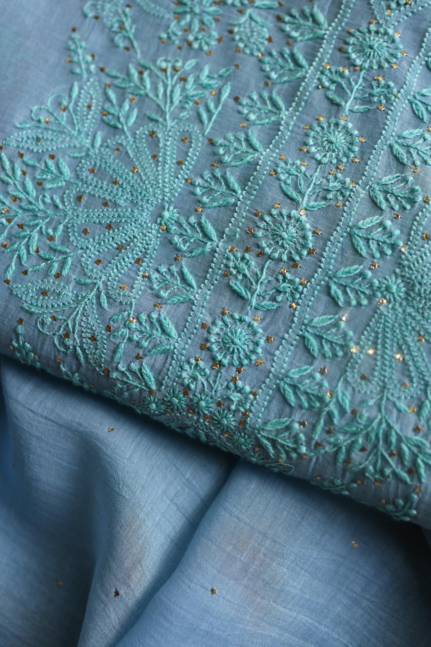 Blue Mal Cotton Chikankari Unstitched Kurta Dupatta Fabrics With Kamdani