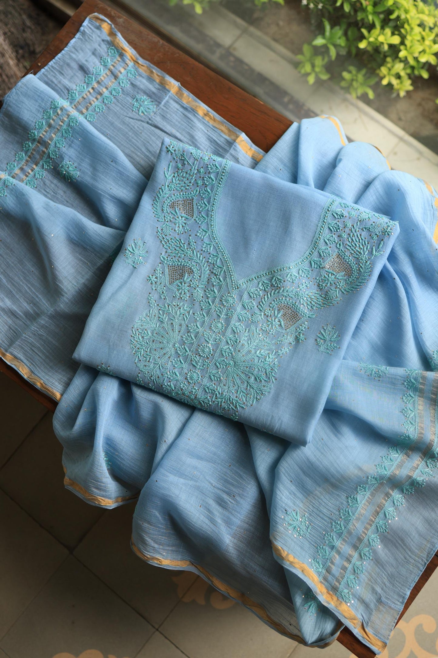 Blue Mal Cotton Chikankari Unstitched Kurta Dupatta Fabrics With Kamdani