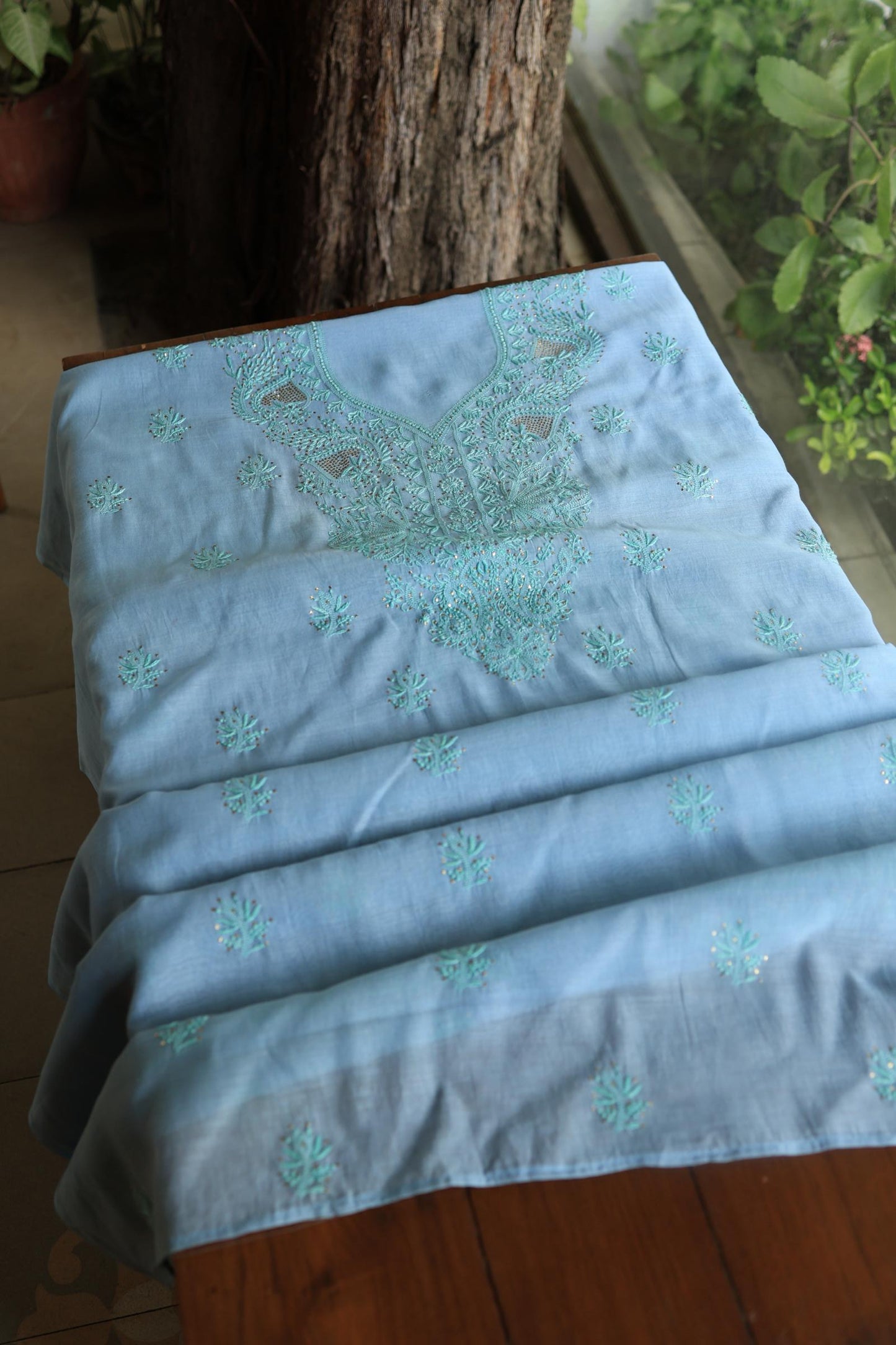 Blue Mal Cotton Chikankari Unstitched Kurta Dupatta Fabrics With Kamdani