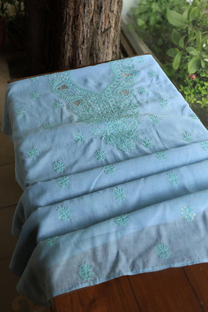 Blue Mal Cotton Chikankari Unstitched Kurta Dupatta Fabrics With Kamdani