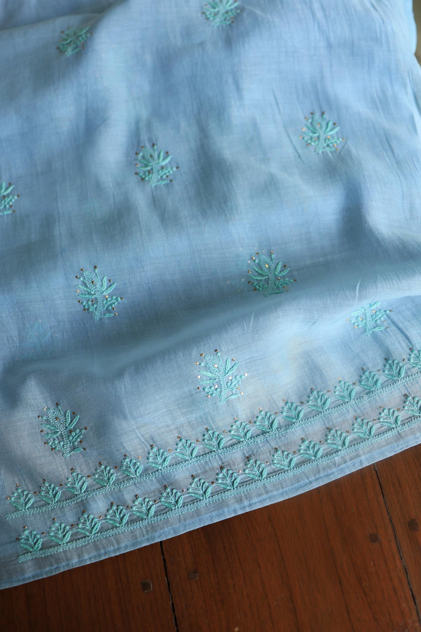 Blue Mal Cotton Chikankari Unstitched Kurta Dupatta Fabrics With Kamdani