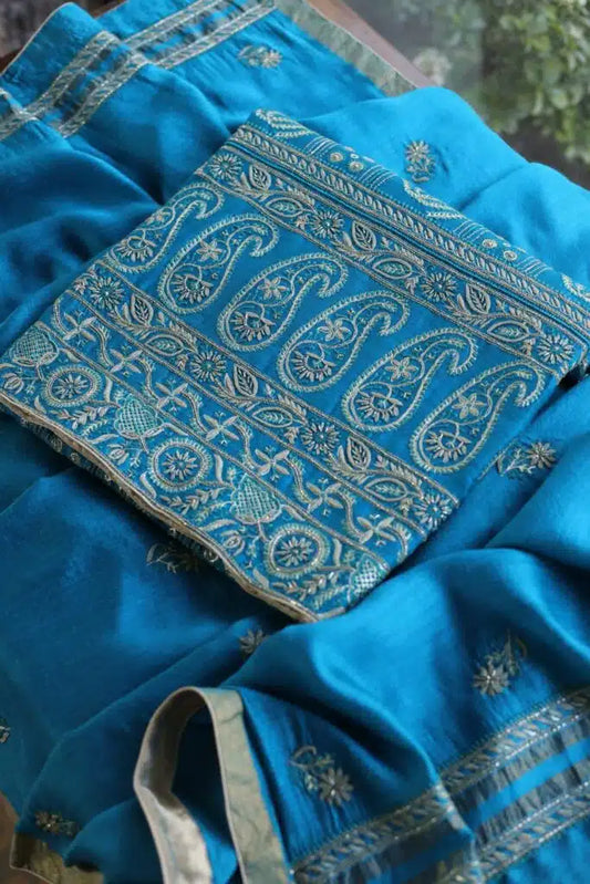 Blue Moonga Silk Chikankari Unstitched Fabric