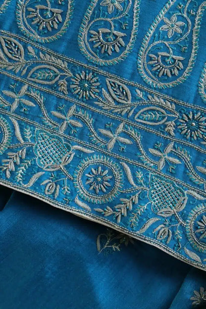 Blue Moonga Silk Chikankari Unstitched Fabric