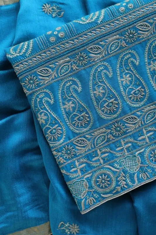 Blue Moonga Silk Chikankari Unstitched Fabric