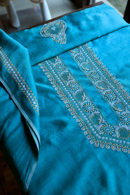 Blue Moonga Silk Chikankari Men’s Kurta Fabric
