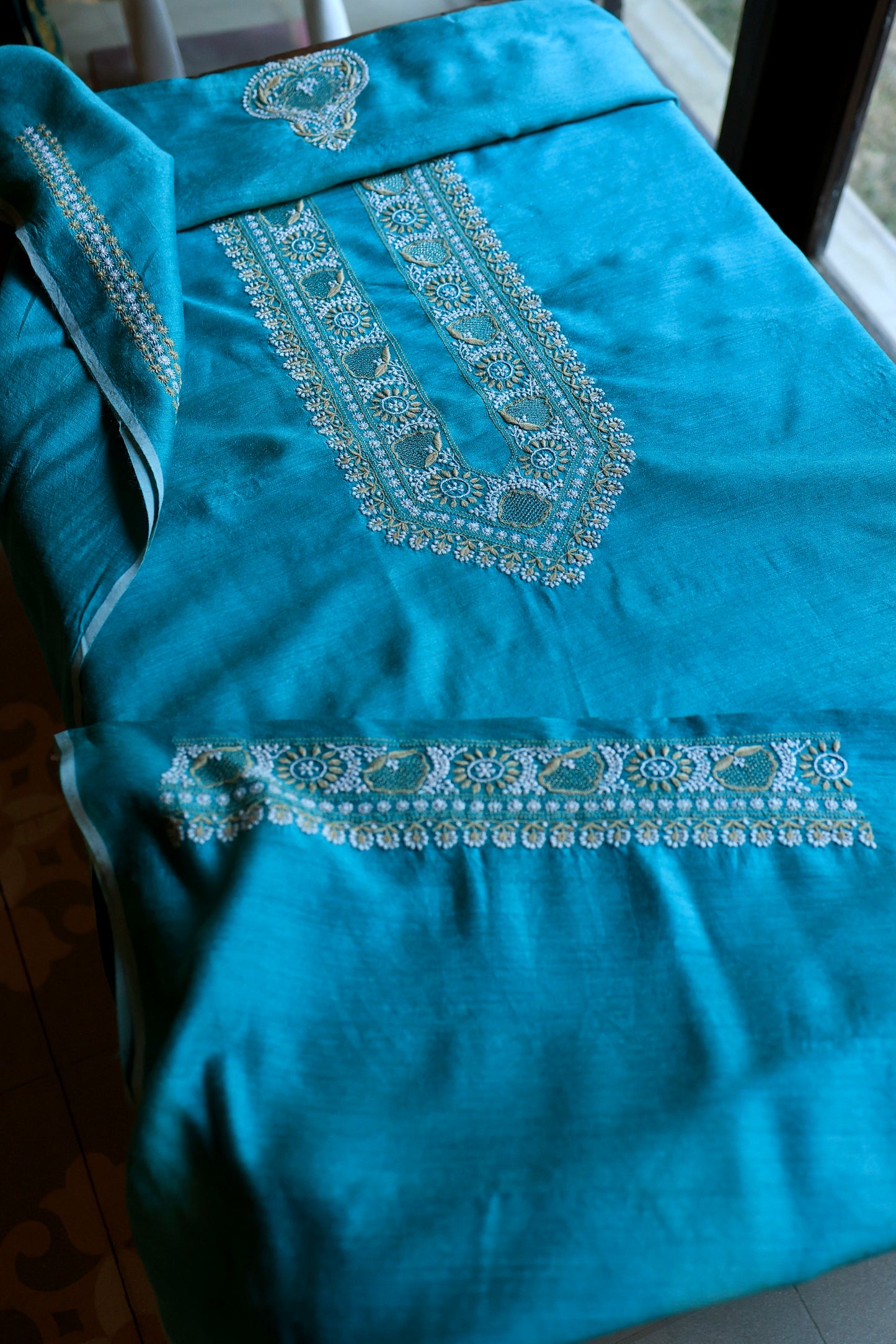 Blue Moonga Silk Chikankari Men’s Kurta Fabric