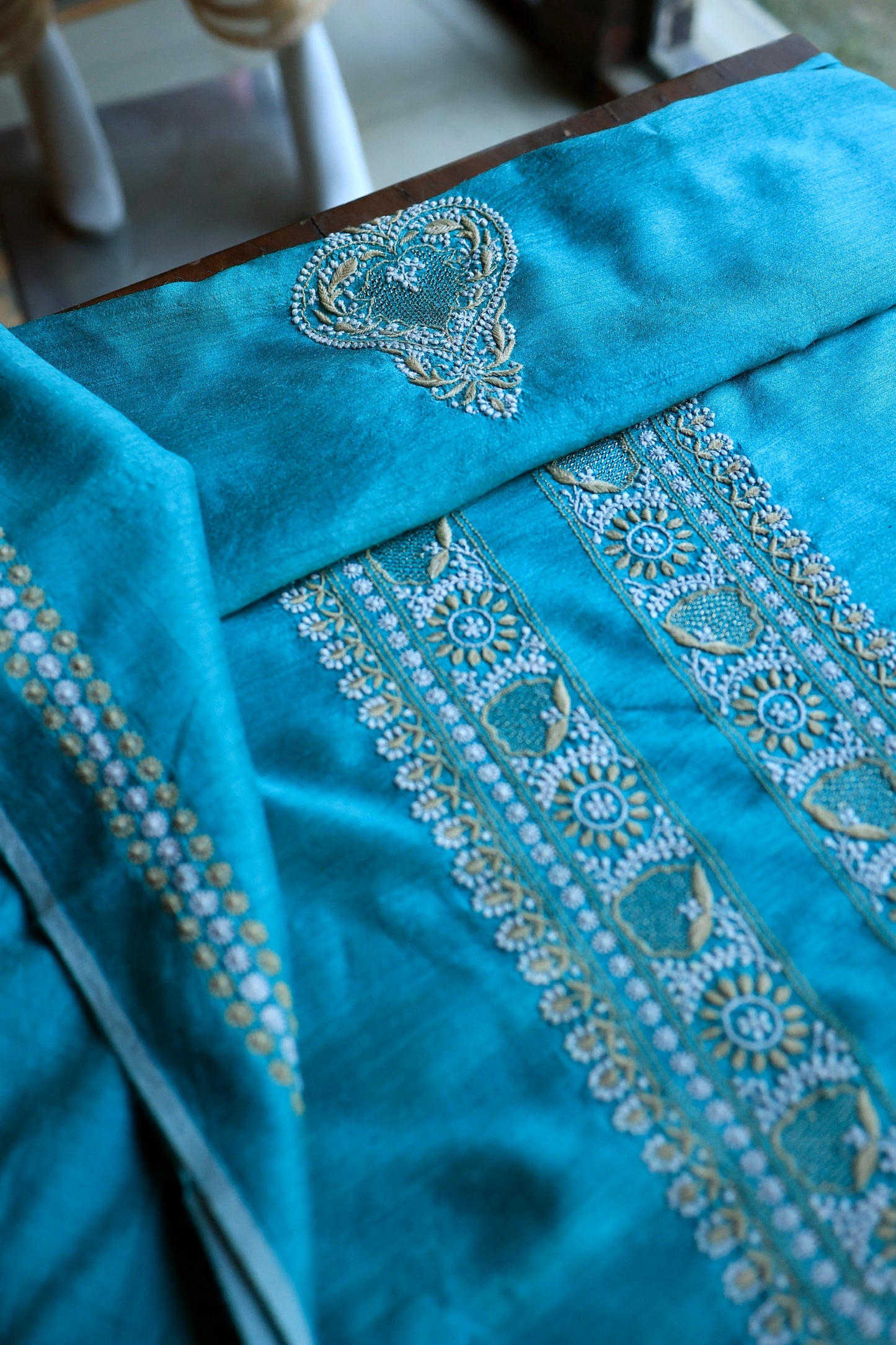 Blue Moonga Silk Chikankari Men’s Kurta Fabric