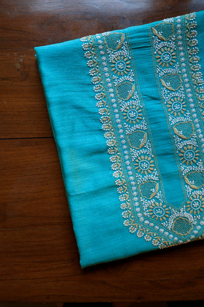 Blue Moonga Silk Chikankari Men’s Kurta Fabric
