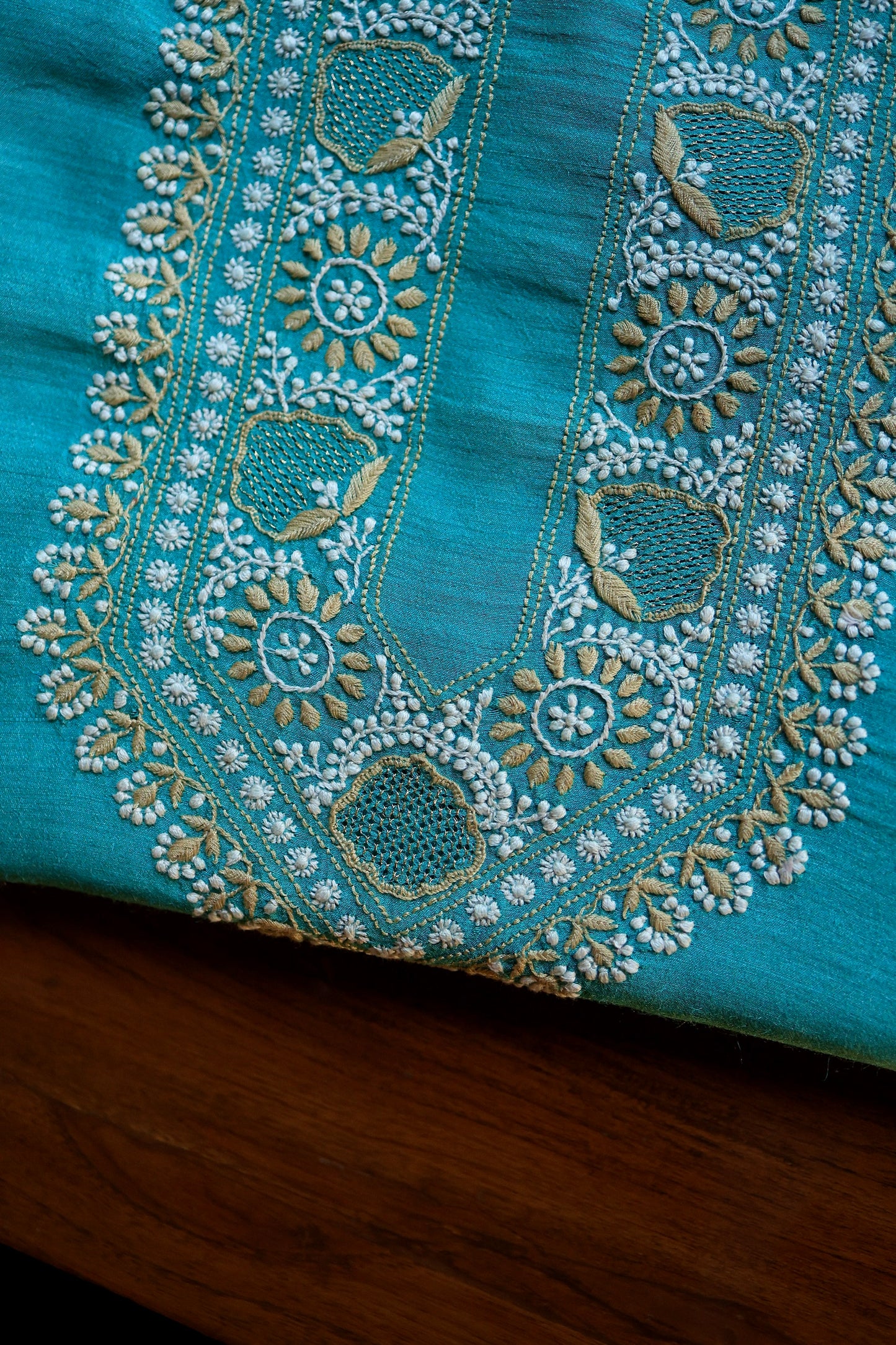 Blue Moonga Silk Chikankari Men’s Kurta Fabric