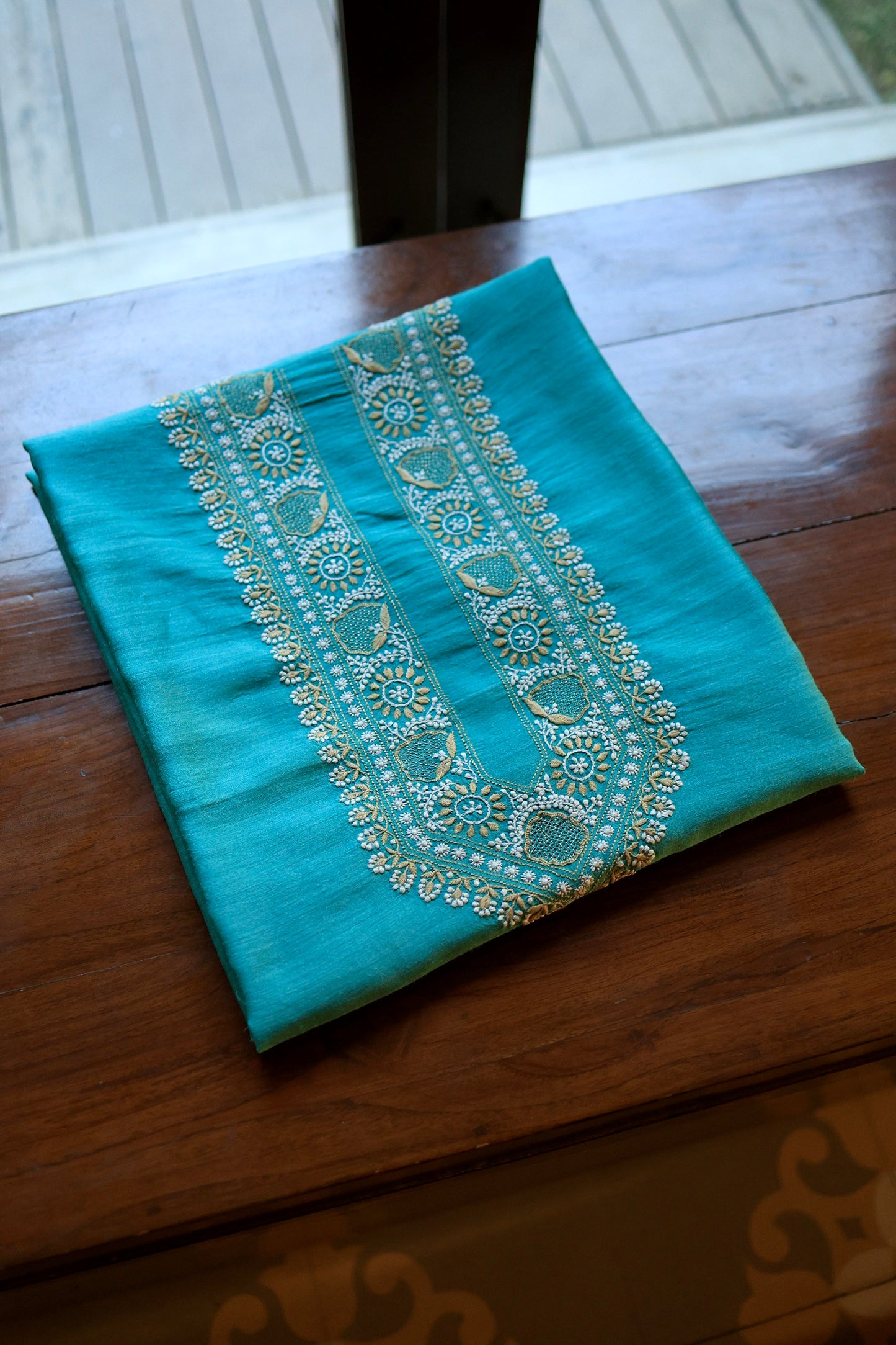 Blue Moonga Silk Chikankari Men’s Kurta Fabric