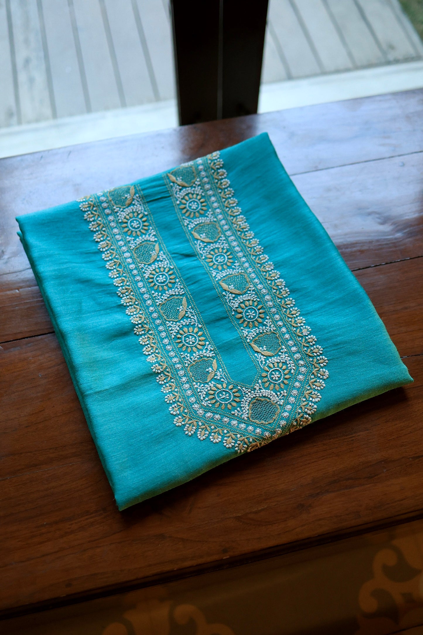 Blue Moonga Silk Chikankari Men’s Kurta Fabric