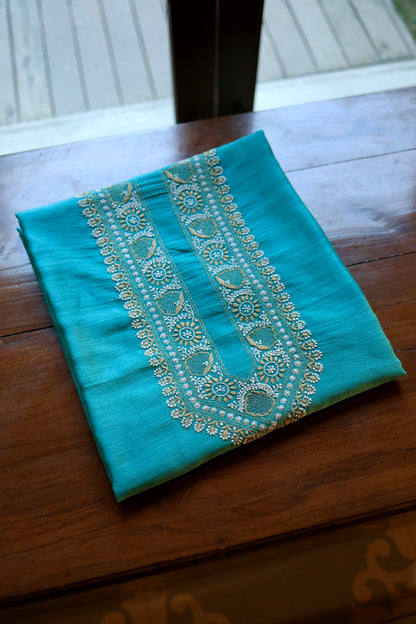 Blue Moonga Silk Chikankari Men’s Kurta Fabric