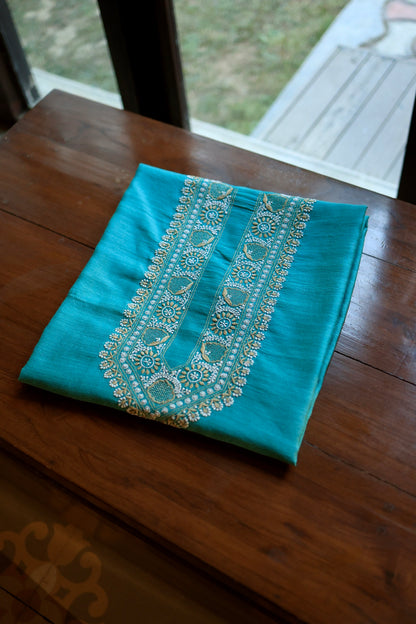 Blue Moonga Silk Chikankari Men’s Kurta Fabric