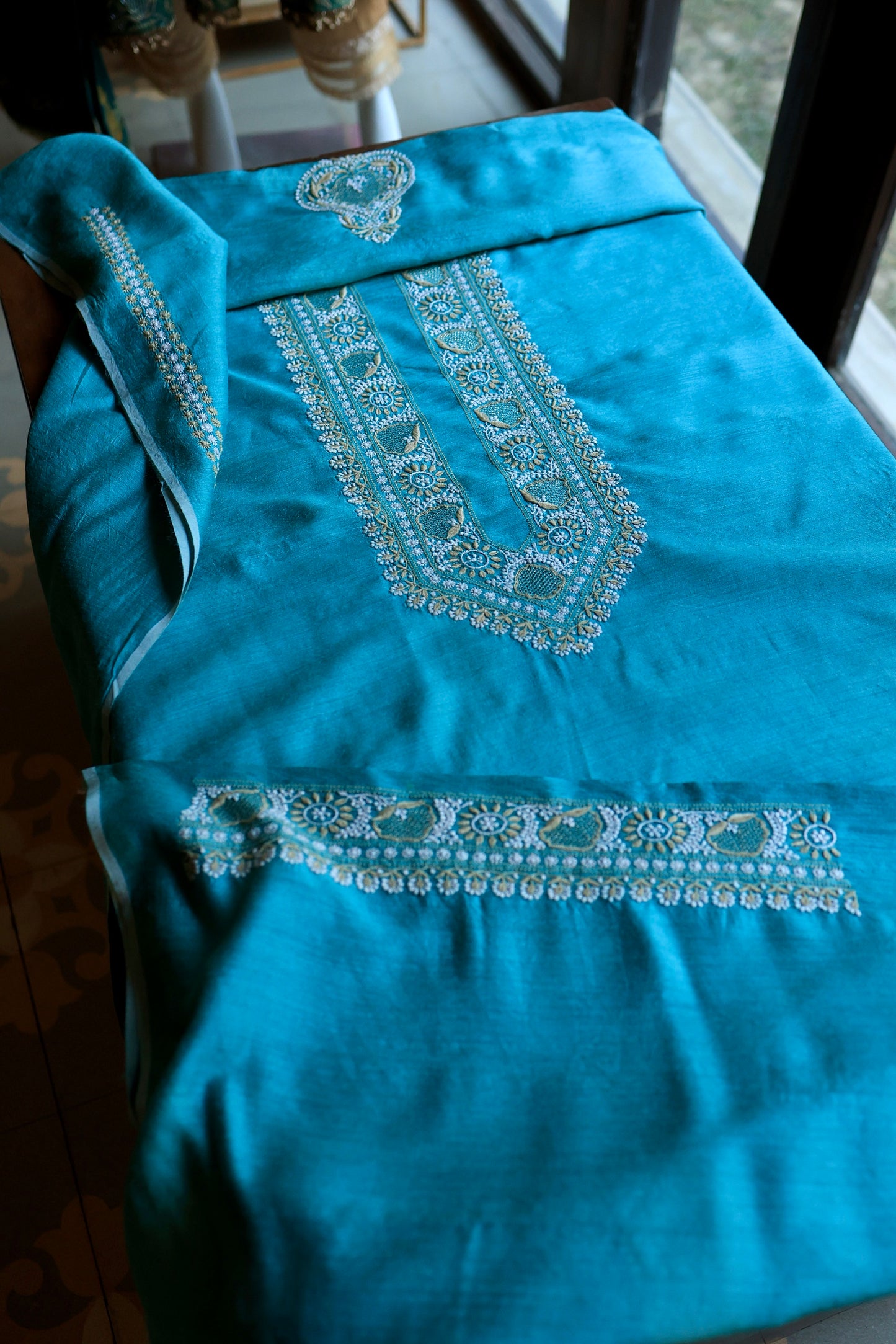 Blue Moonga Silk Chikankari Men’s Kurta Fabric