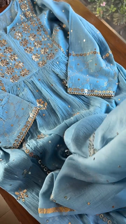 Blue Mukaish Mul Chanderi Silk Dress