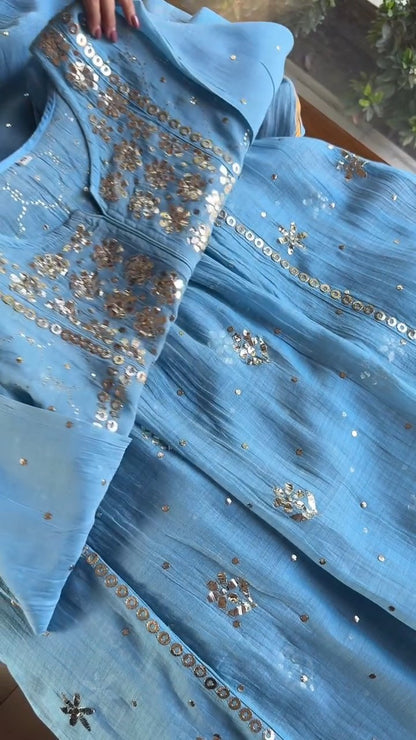 Blue Mukaish Mul Chanderi Silk Dress