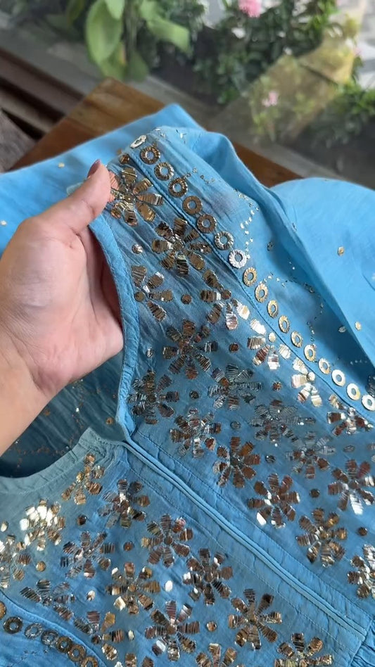 Blue Mukaish Mul Chanderi Silk Dress