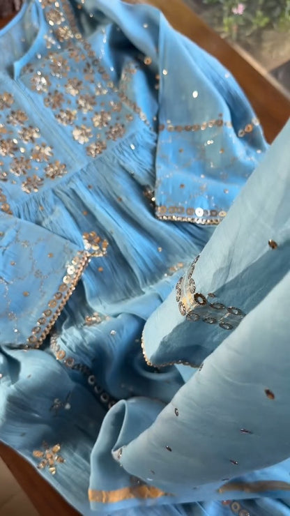 Blue Mukaish Mul Chanderi Silk Dress