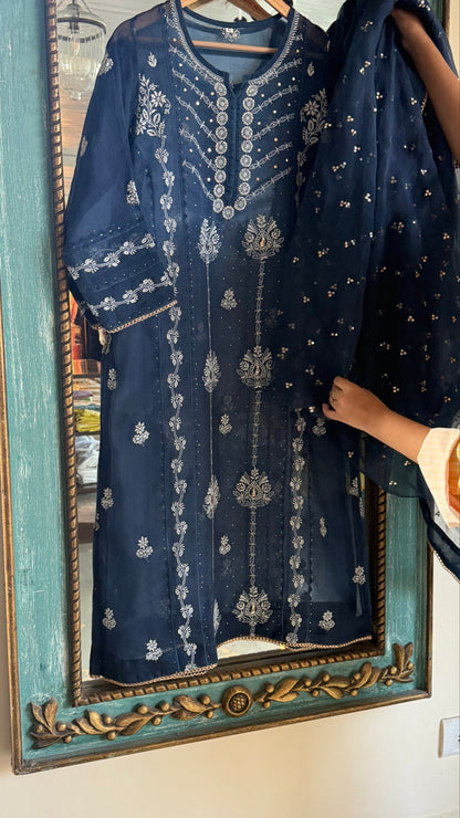 Blue Noor Organza Applique Chikankari Mukaish Kurta Dupatta Set