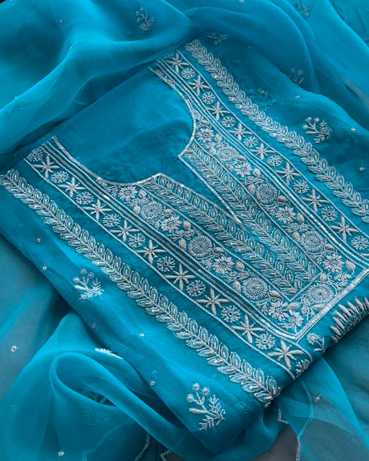 Blue Noor Organza Silk Fine Chikankari Unstitched Fabric