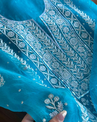 Blue Noor Organza Silk Fine Chikankari Unstitched Fabric