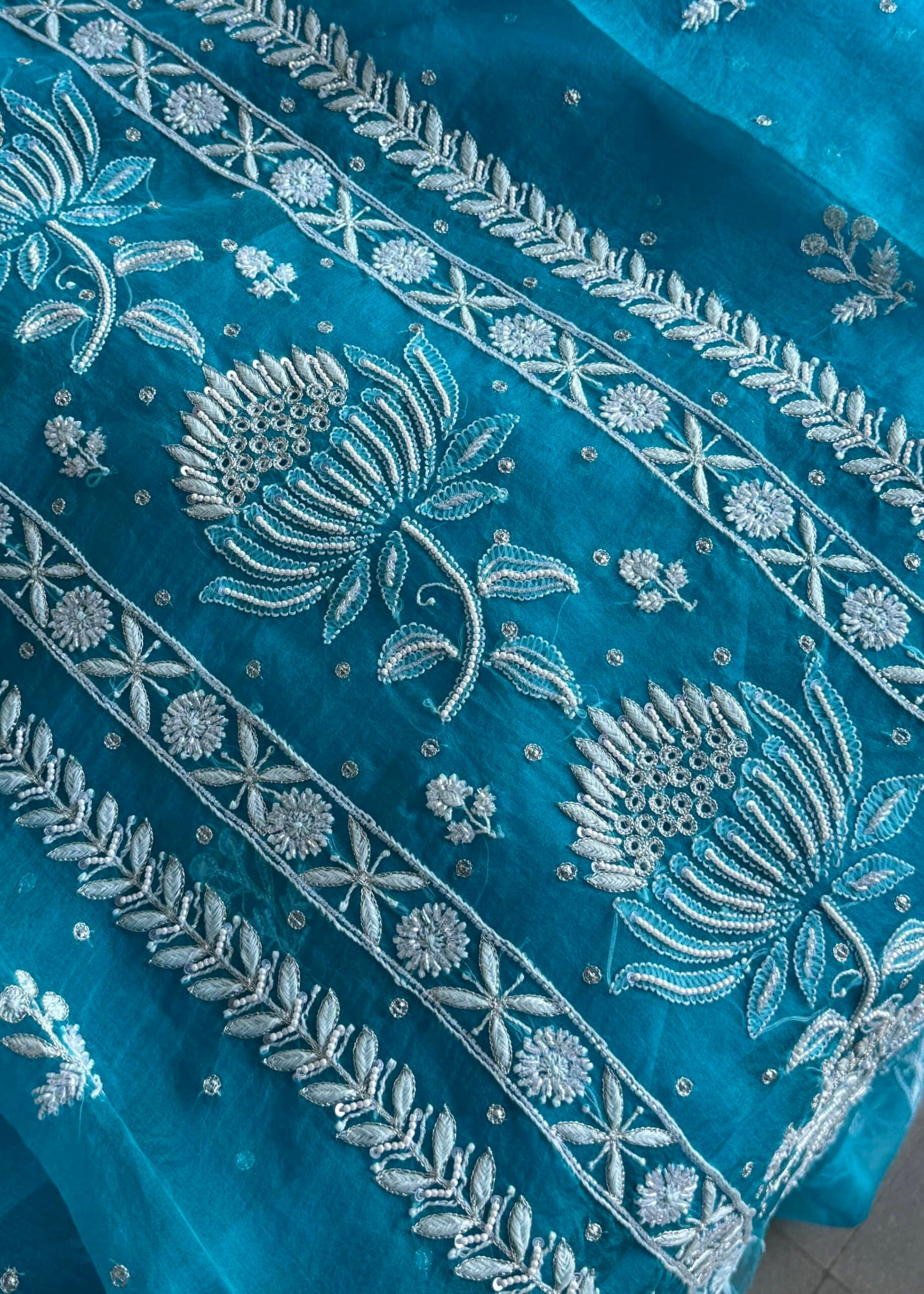 Blue Noor Organza Silk Fine Chikankari Unstitched Fabric