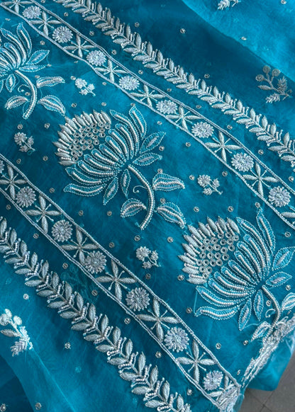 Blue Noor Organza Silk Fine Chikankari Unstitched Fabric
