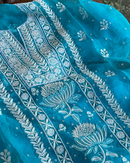 Blue Noor Organza Silk Fine Chikankari Unstitched Fabric