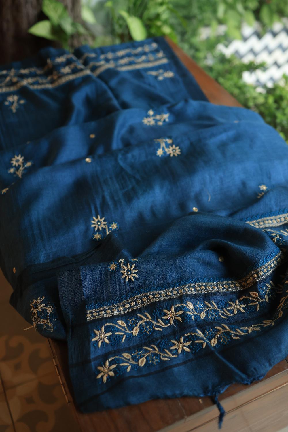 Blue Pashmina x Chikankari Fabrics