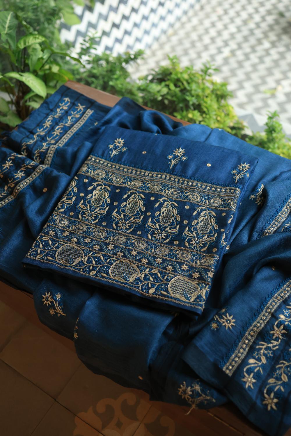 Blue Pashmina x Chikankari Fabrics