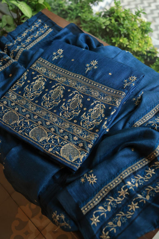 Blue Pashmina x Chikankari Fabrics
