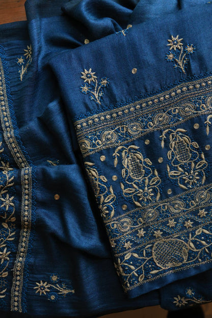 Blue Pashmina x Chikankari Fabrics