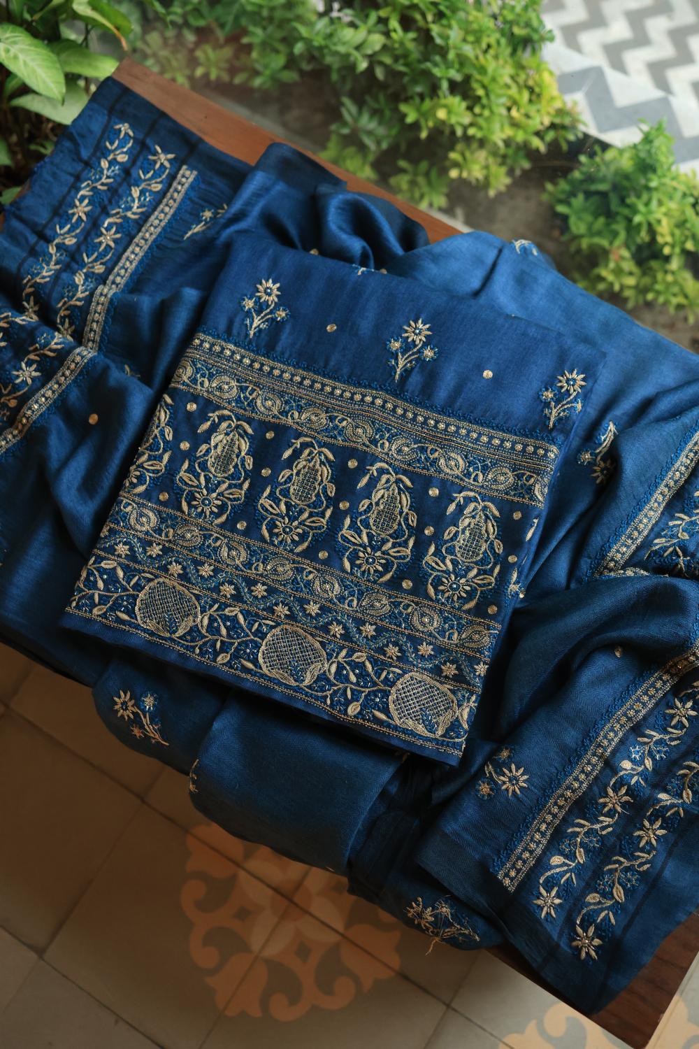 Blue Pashmina x Chikankari Fabrics