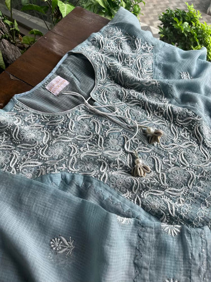 Blue Semi Stitched Kota Chikankari Kurta Dupatta Set With All Over Mukaish Kamdani Work