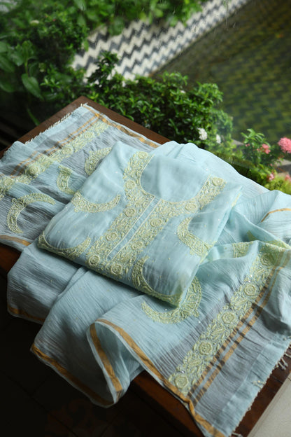 Blue Shade Crescent Chandbala Chikankari Unstitched Fabric