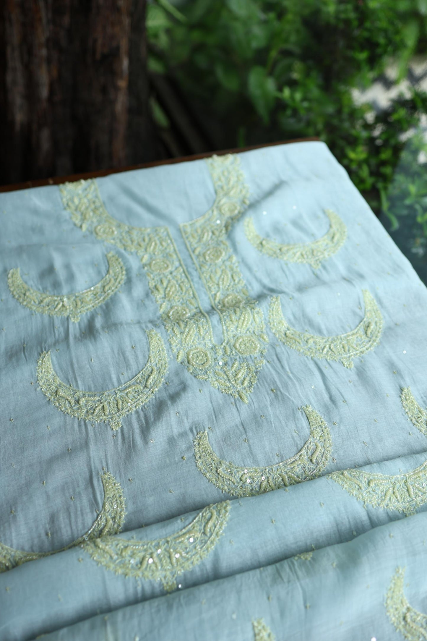 Blue Shade Crescent Chandbala Chikankari Unstitched Fabric