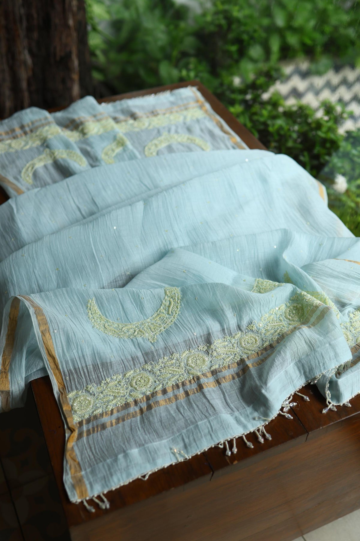 Blue Shade Crescent Chandbala Chikankari Unstitched Fabric