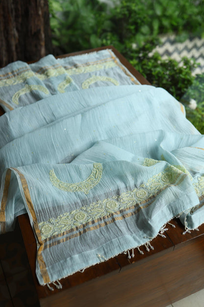 Blue Shade Crescent Chandbala Chikankari Unstitched Fabric
