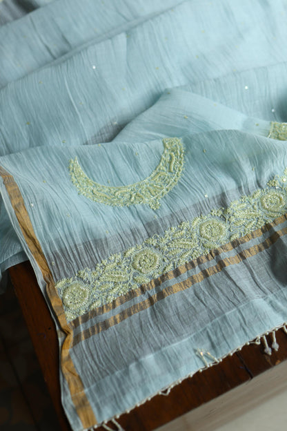 Blue Shade Crescent Chandbala Chikankari Unstitched Fabric