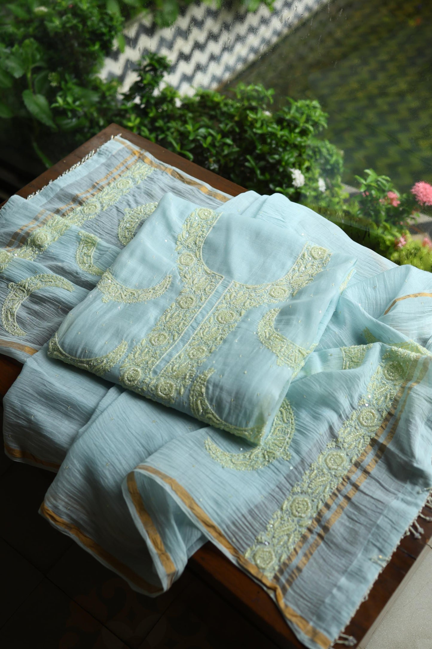 Blue Shade Crescent Chandbala Chikankari Unstitched Fabric