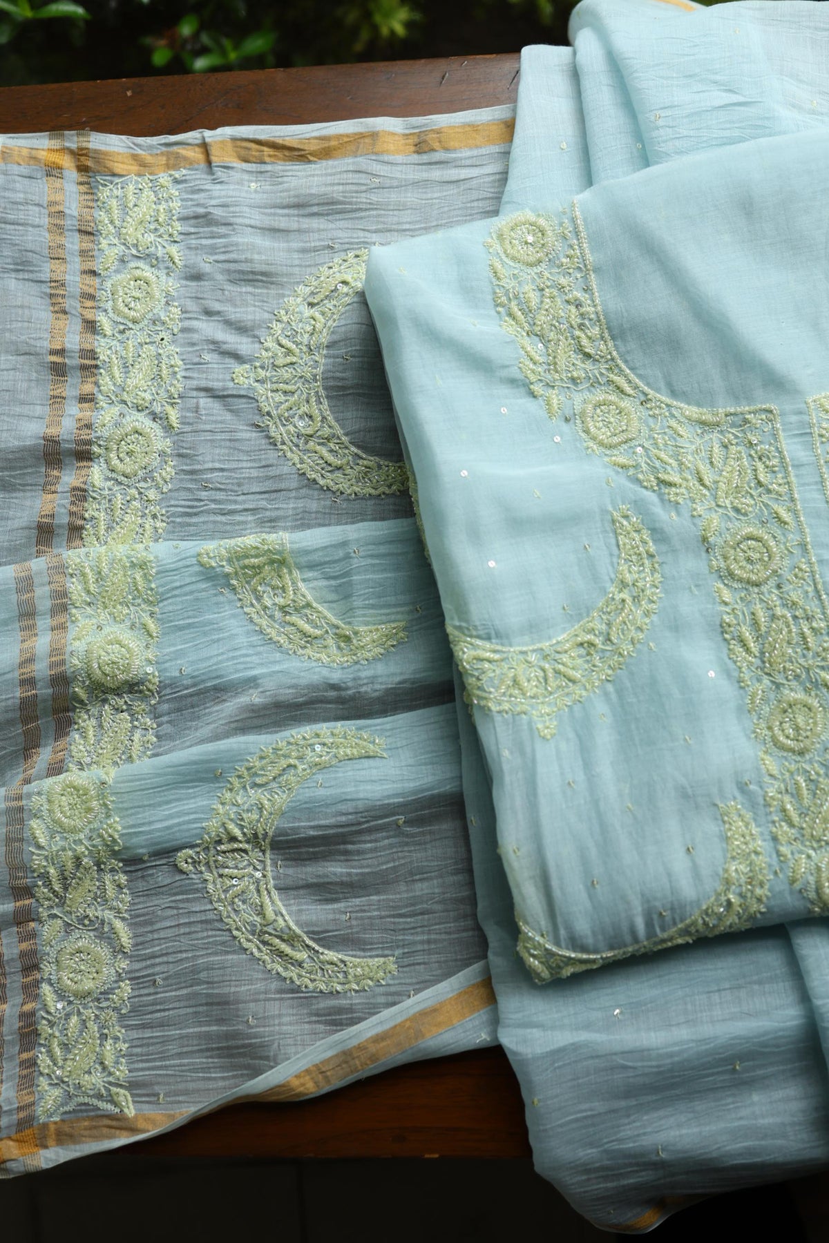 Blue Shade Crescent Chandbala Chikankari Unstitched Fabric